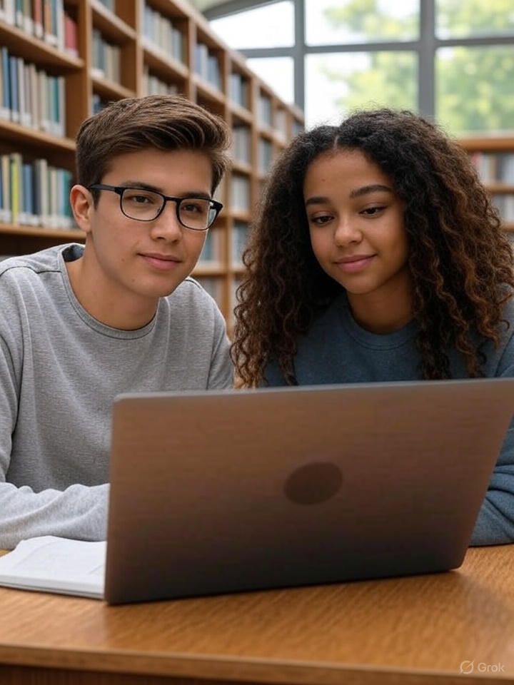 Two students working together on a laptop in a library.