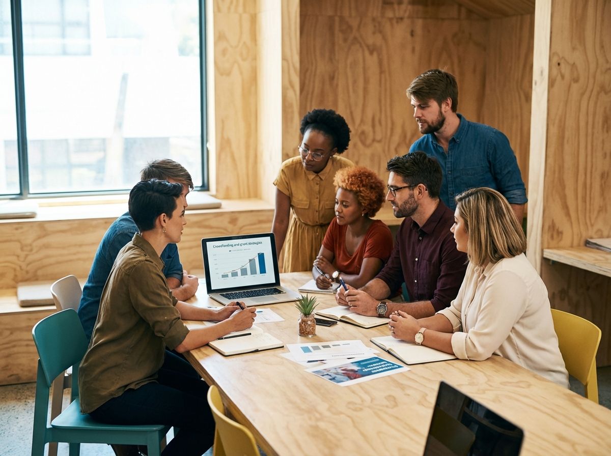 Team meeting around a laptop in a bright office, discussing charts on a wooden table.