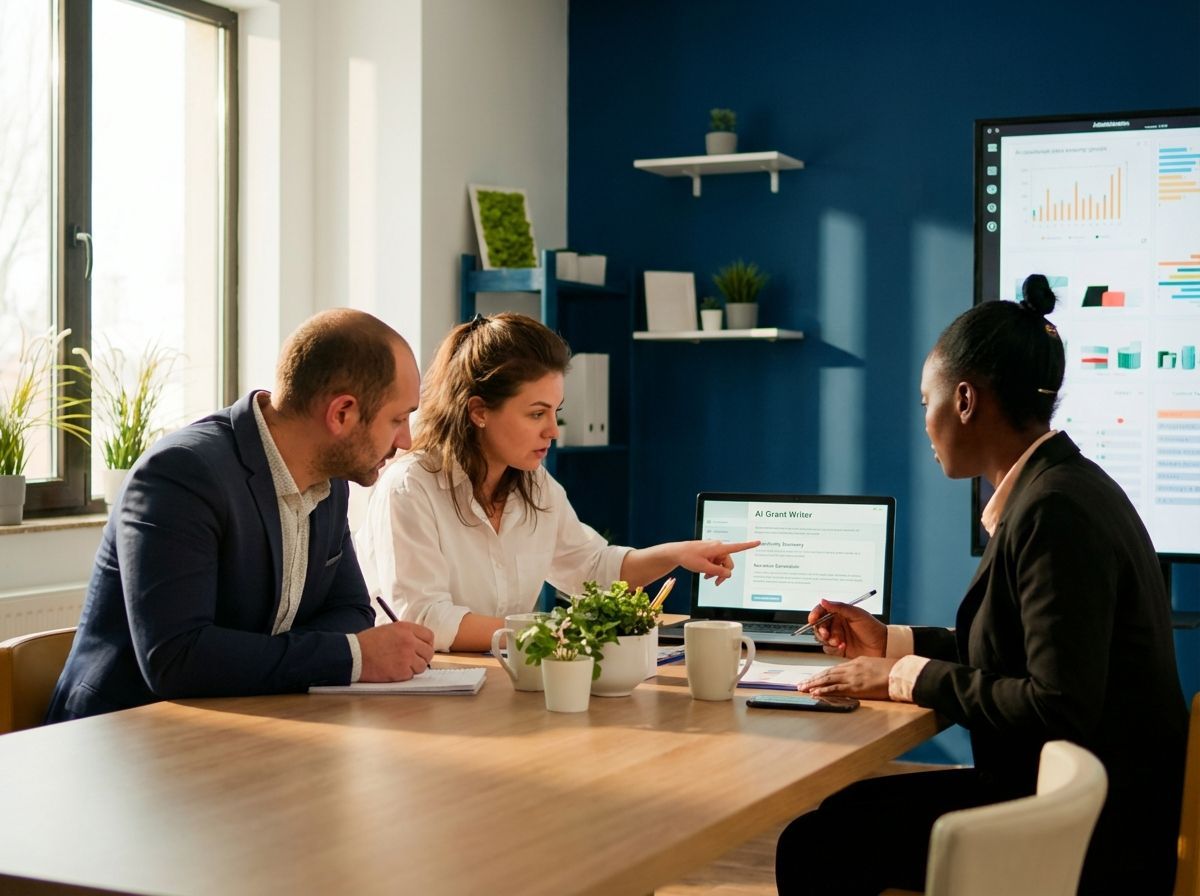 Three people meeting around a table in a modern office, reviewing a laptop and documents.