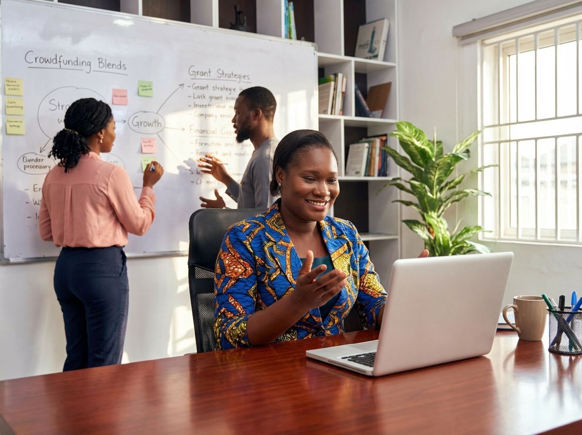 Team meeting in bright office; people write on whiteboard while a smiling person works on a laptop.