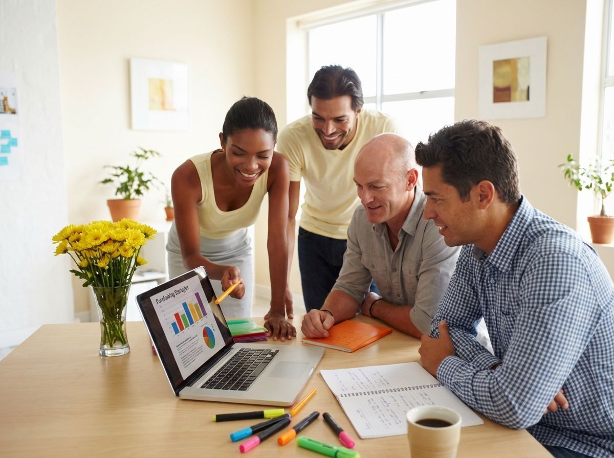 Four people collaborating around a laptop with charts in a bright office, smiling and writing notes.