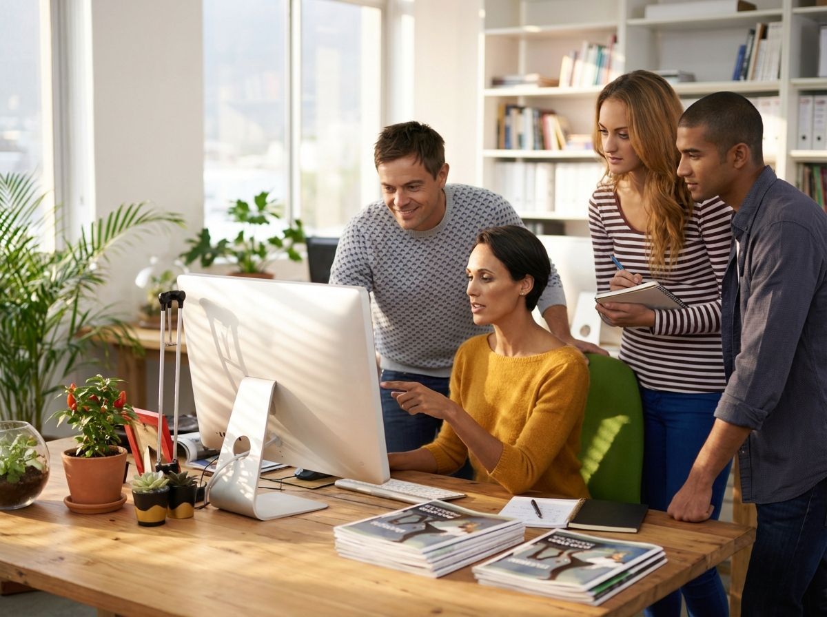 Four coworkers collaborating around a desktop computer in a bright office