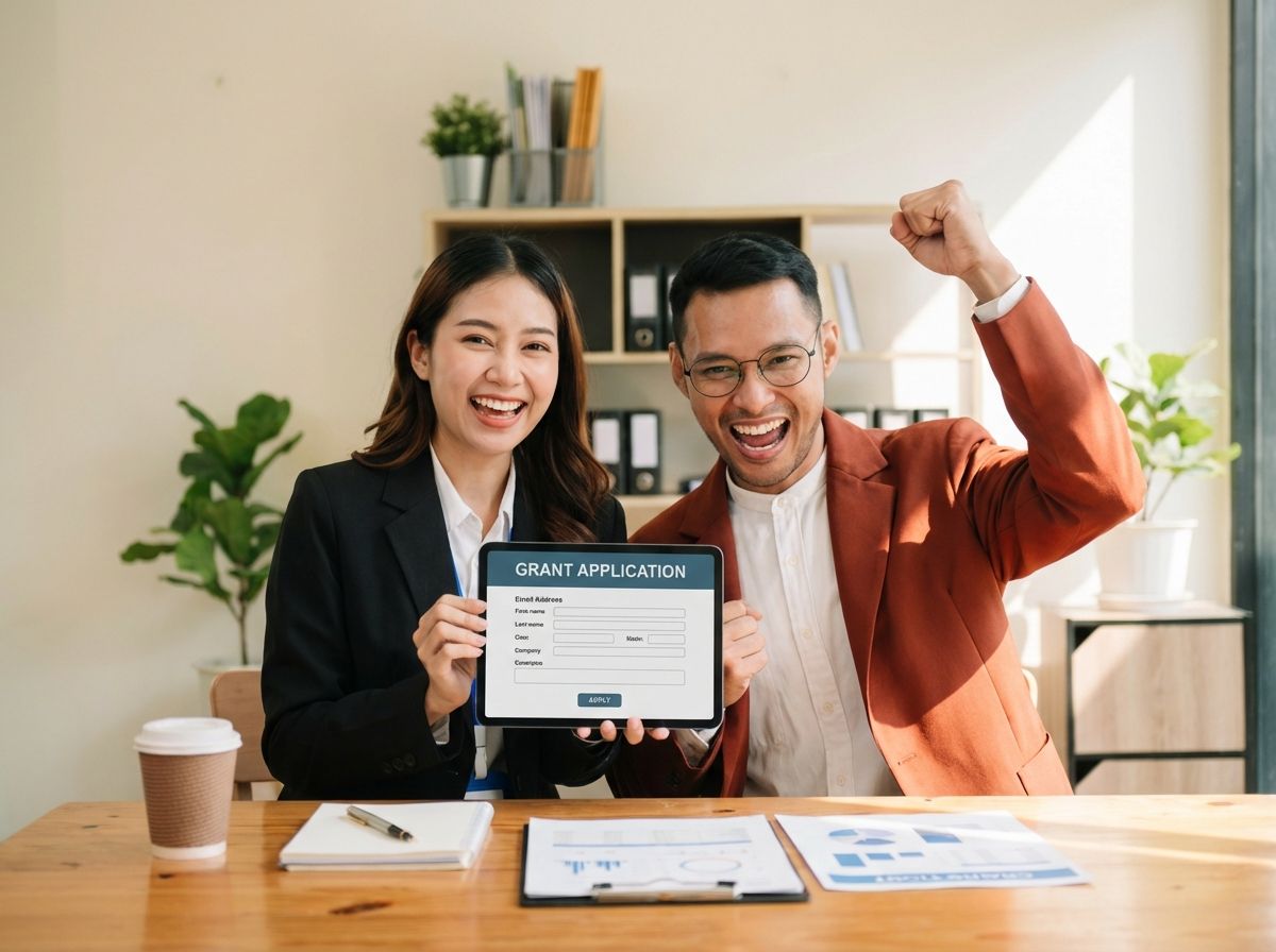 Two smiling coworkers holding a certificate at a desk in a bright office