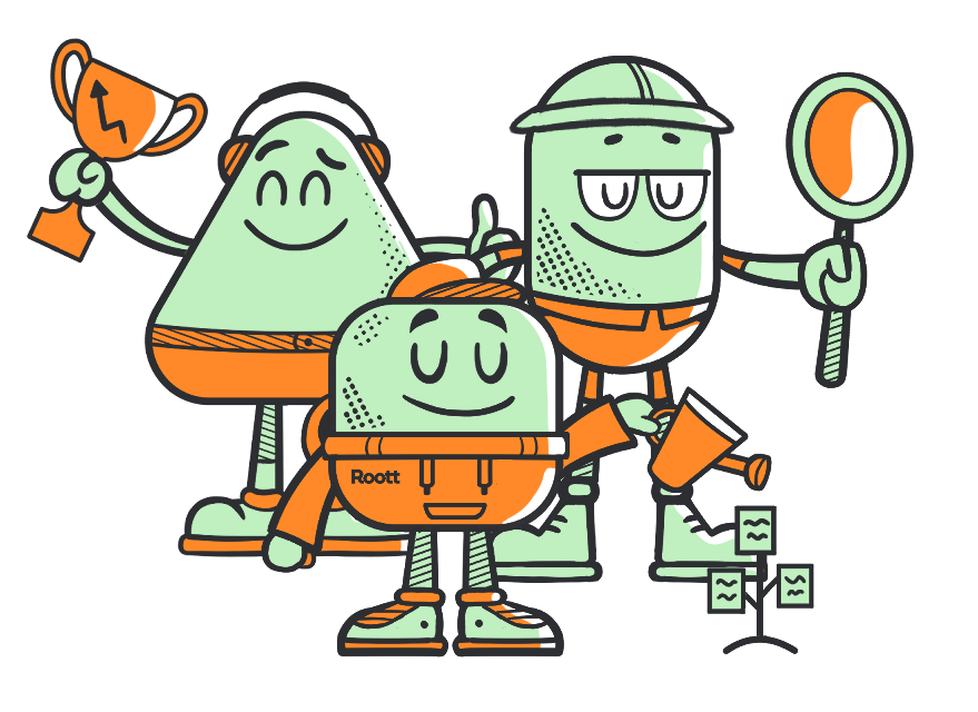 Three smiling cartoon robots with orange accents, one holding a trophy and one a magnifying glass, on white background