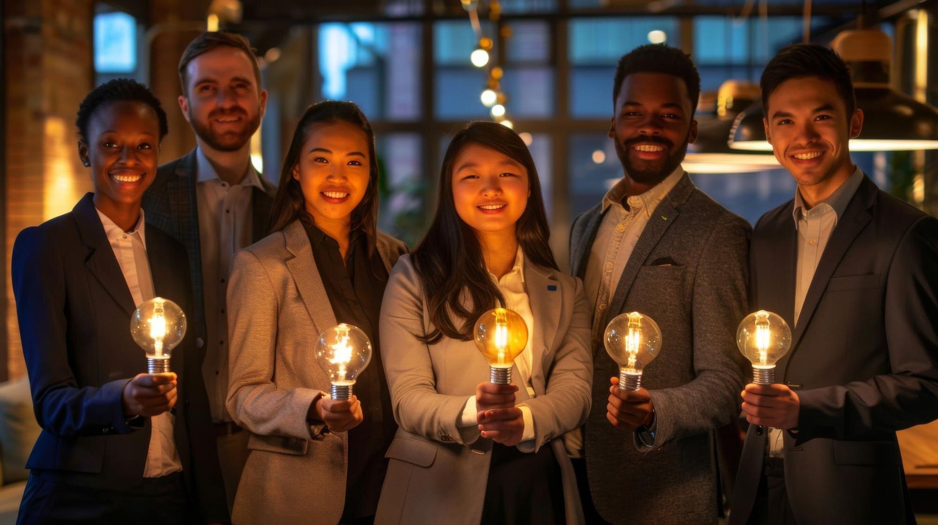 Six colleagues in suits holding glowing bulbs at dusk, smiling outdoors in a warmly lit city street.
