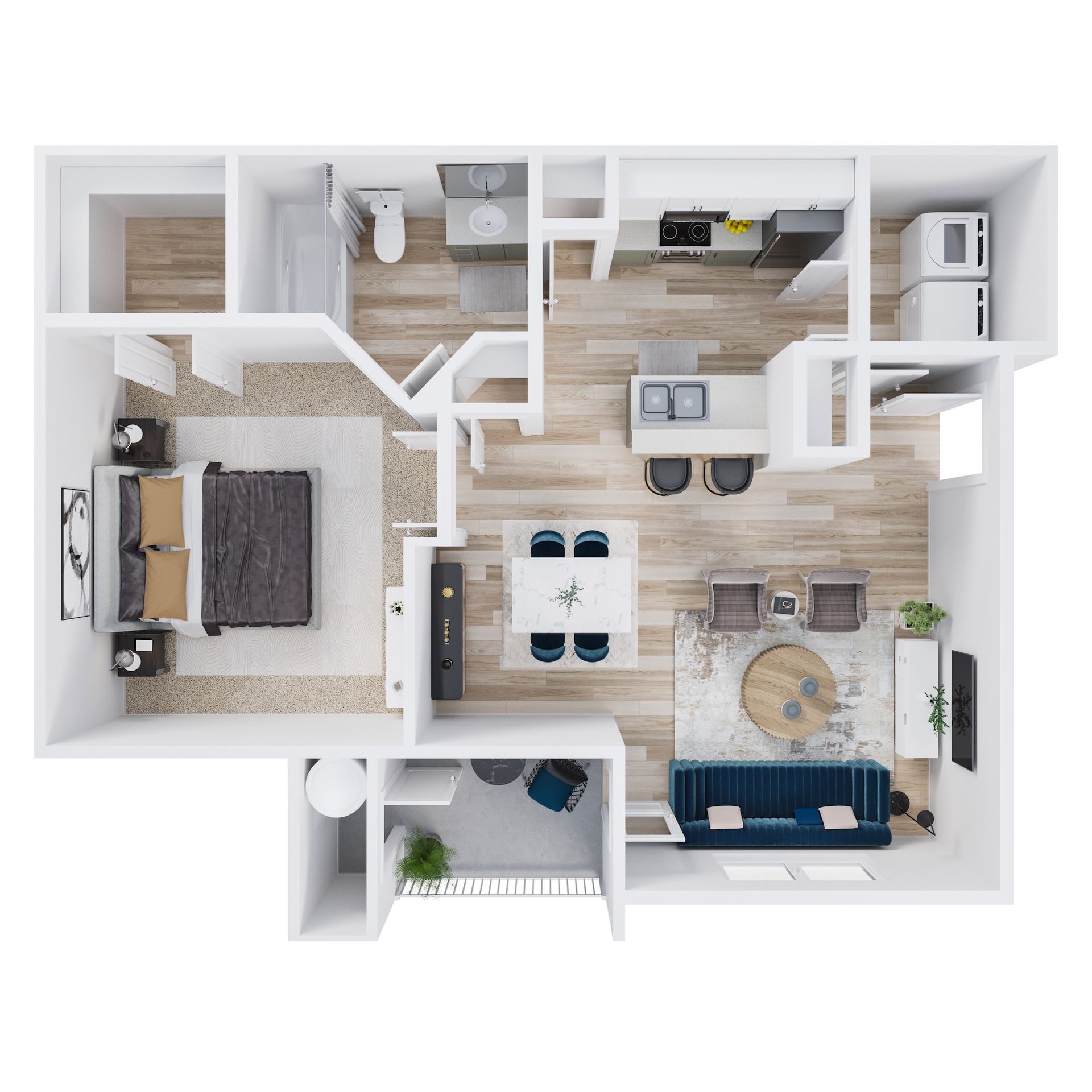 3D floor plan of a small apartment with bedroom, bathroom, kitchen, living area, and patio.