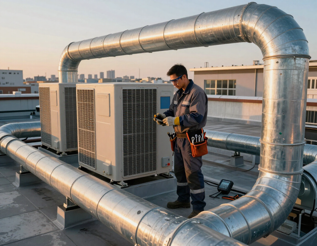Technician inspecting rooftop HVAC unit inside large silver ductwork at sunset