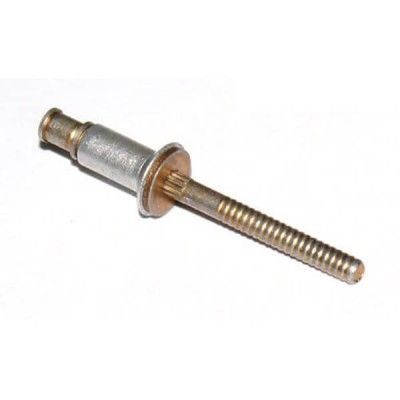 A close up of a metal screw on a white background.