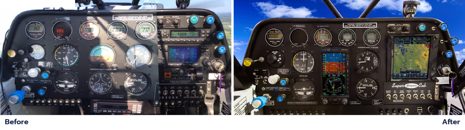 A before and after picture of an airplane cockpit