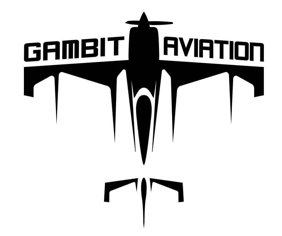 A black and white logo for gambit aviation with a plane on a white background.