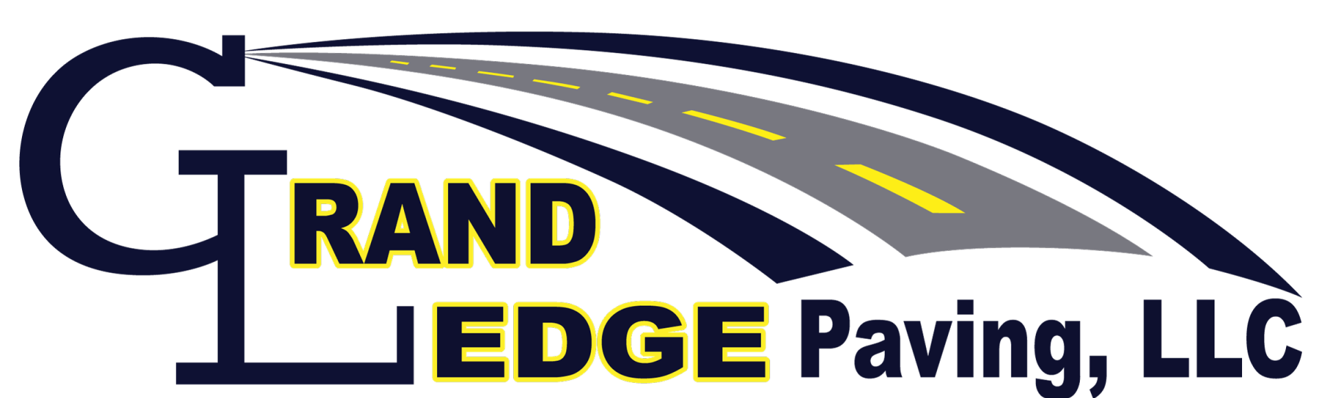 A logo for grand edge paving llc with a picture of a road.