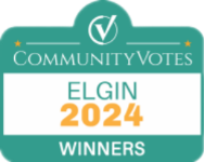 CommunityVotes Elgin 2024 Winners badge: teal with checkmark logo, 