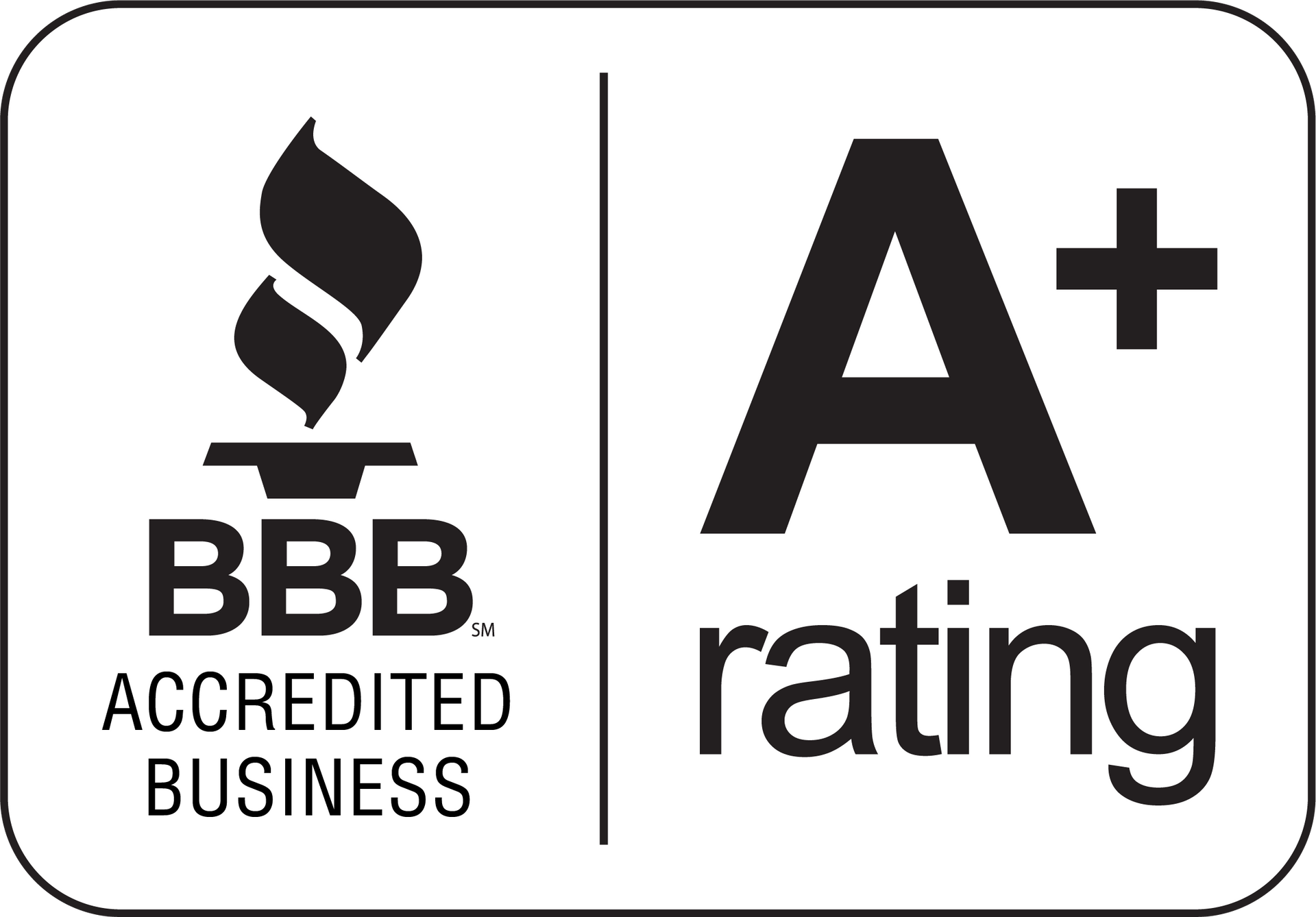 BBB Accredited Business logo with A+ rating. Black flame icon, text 