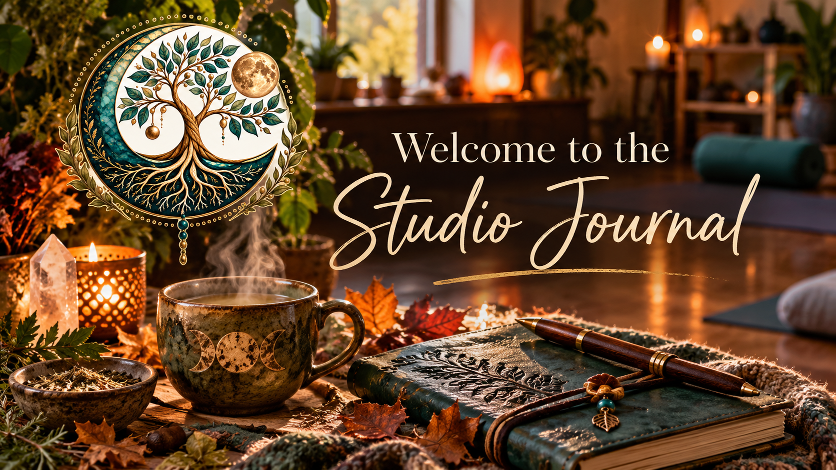 Autumn-inspired Studio Journal welcome image with the Beaded Yoga tree and moon logo, tea, candles, 