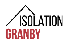 Logo pour Isolation Granby, mettant en vedette une forme de toit noir au-dessus du mot « ISOLATION » et le mot « GRANBY » en rouge.
