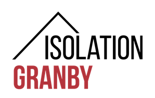 Logo pour Isolation Granby, mettant en vedette un contour de maison noir au-dessus du texte noir et du texte rouge en dessous.