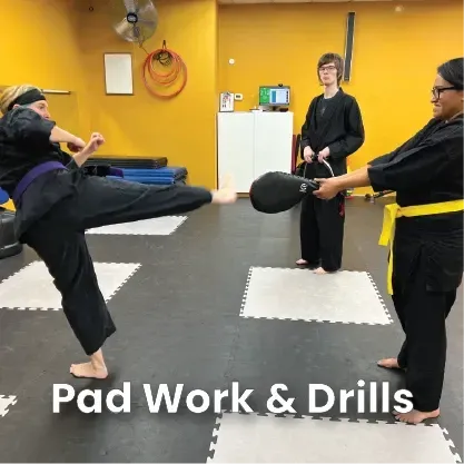 Three martial arts students in black uniforms practice a kick against a training pad in a studio.