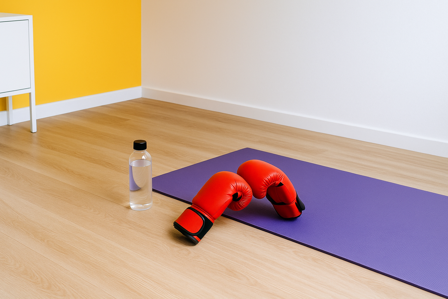 Red boxing gloves rest on a purple yoga mat next to a water bottle on a wood floor in a room.