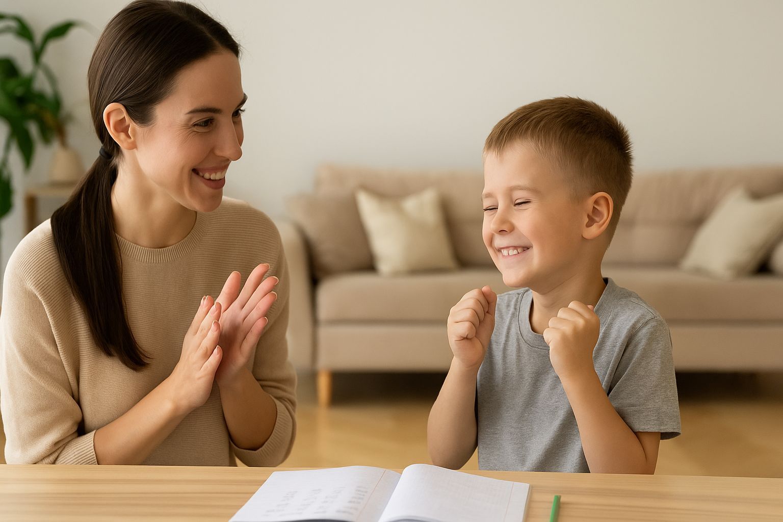 Woman clapping and smiling at a smiling child with fists clenched at a table.