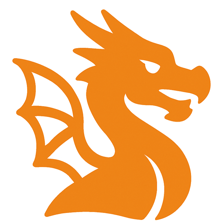 A stylized orange icon of a dragon's head and wings facing right, featuring simple lines and a solid fill.