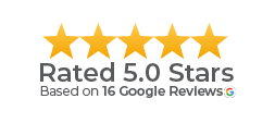 Five gold stars with the text "Rated 5.0 Stars Based on 16 Google Reviews" featuring the Google G logo.