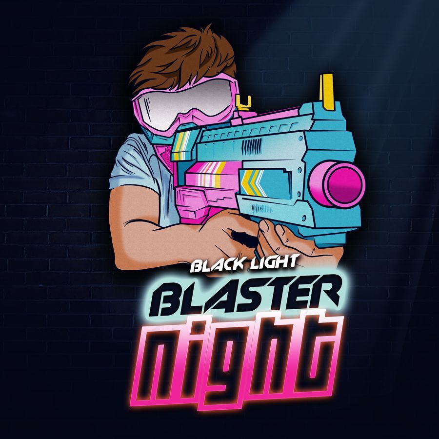Cartoon person with pink goggles holding a colorful neon blaster, with “Black Light Blaster” text on a dark background