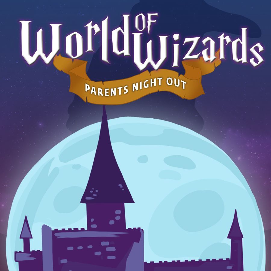 World Wizards Parents Night Out poster with moonlit castle and purple sky