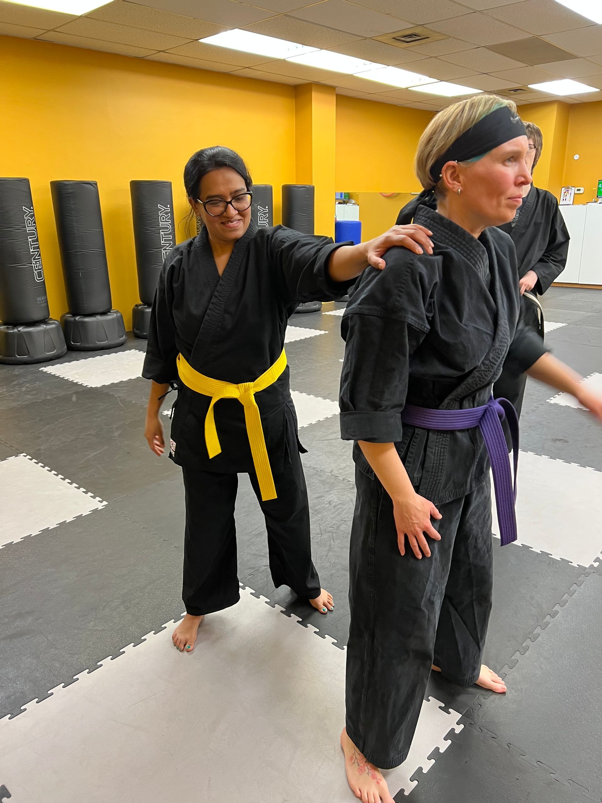 A group of people are practicing martial arts in a gym. The image links to the Fitness Kickboxing Classes Page.