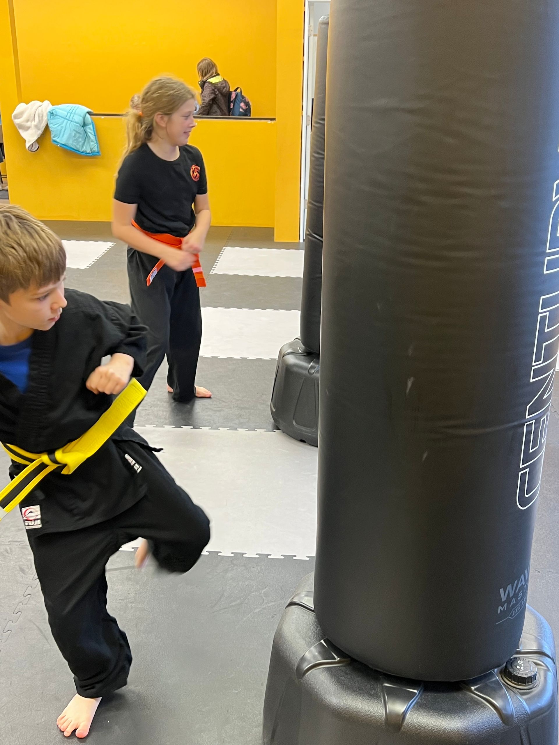 Two students in martial arts uniforms practice kicks on standing punching bags in a training studio.