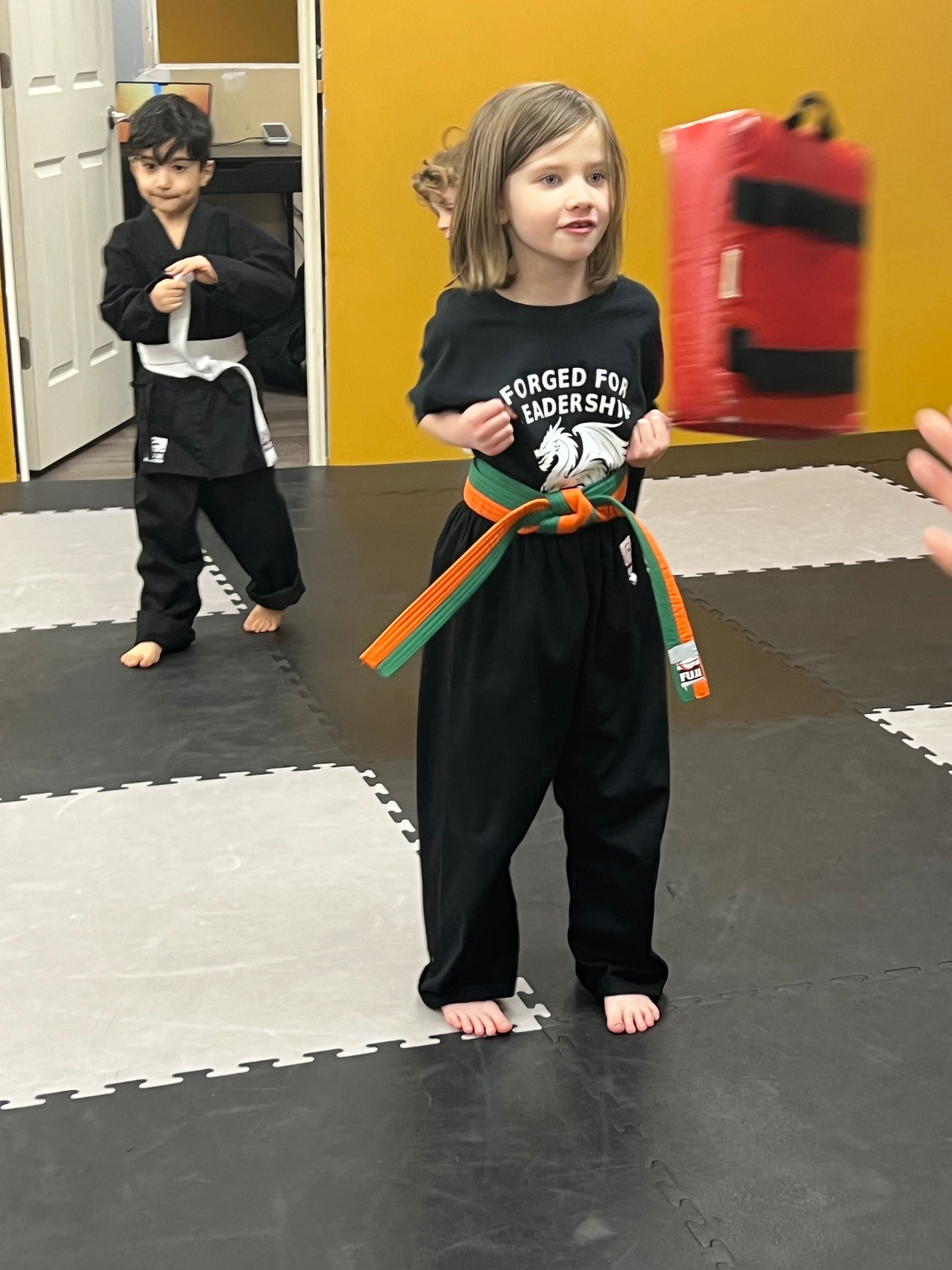 A young student with an orange-green belt prepares to strike a red practice pad in a martial arts studio.