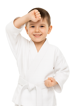 A smiling child in a white karate gi poses with one fist raised near their forehead and the other at their waist.