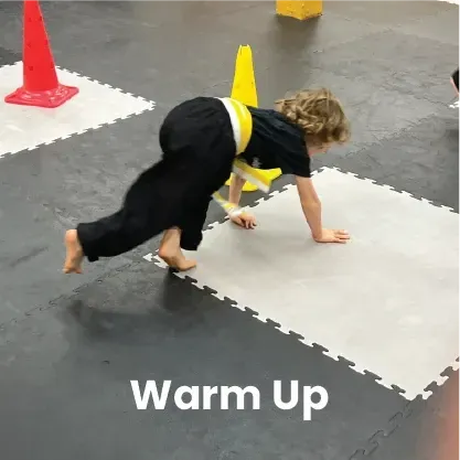 A person in a black martial arts uniform with a yellow belt performing a bear crawl on exercise mats near traffic cones.