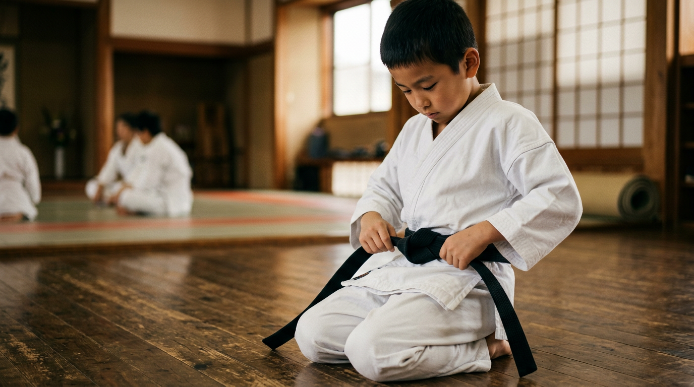 Young martial arts student kneeling on a dojo floor, tying a black belt, with others practicing in the background