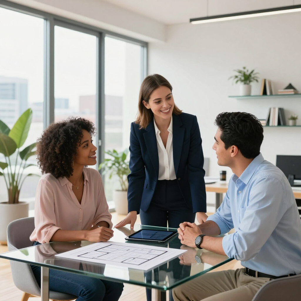Three professionals collaborate around a glass table in a modern, light-filled office, reviewing architectural plans.