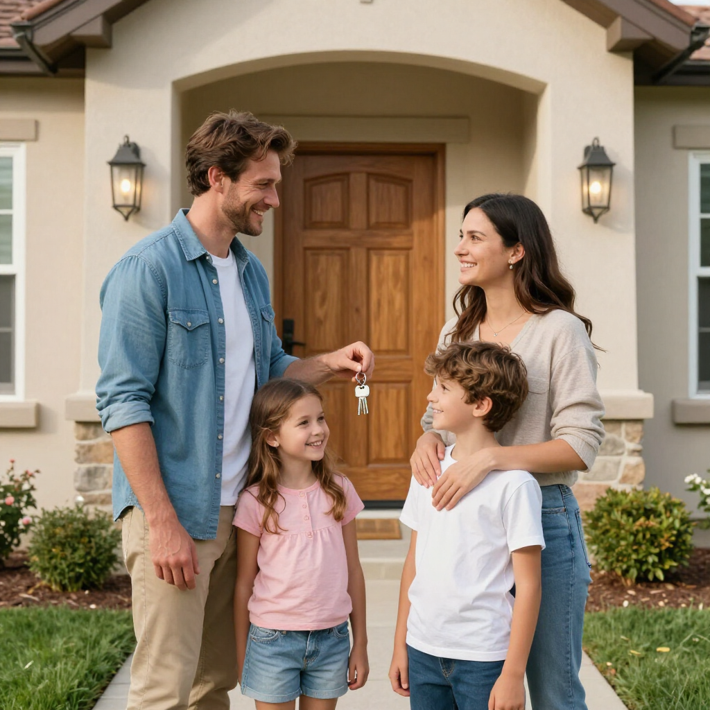 A family of four stands smiling in front of their new home, with a parent holding up a set of keys.