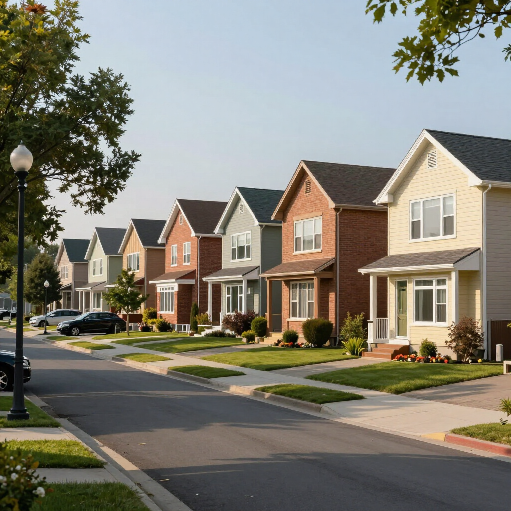 A row of colorful, suburban houses with green lawns lines a street on a sunny day.