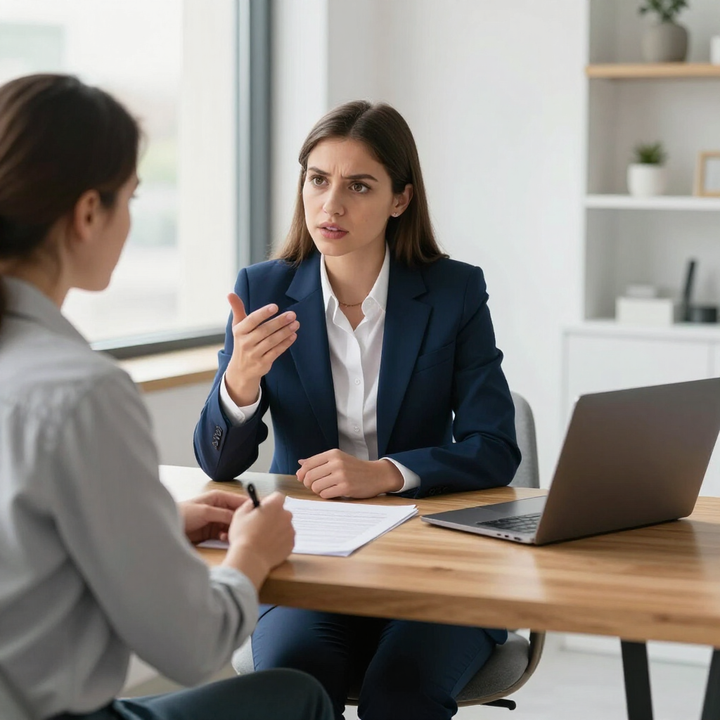 Two individuals in an office setting engage in a professional conversation over a document at a wooden table.