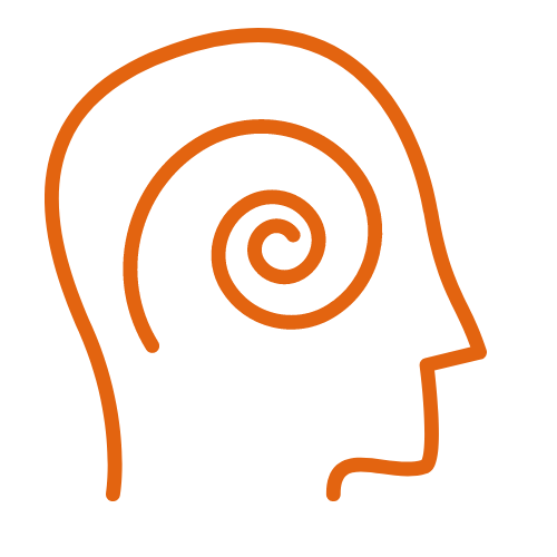 Orange line-art profile of a human head with a spiral inside the brain area