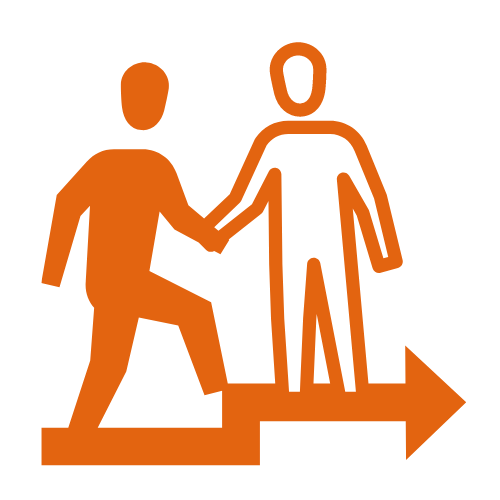 Orange restroom sign with two figures holding hands, one stepping up on an arrow-shaped step.
