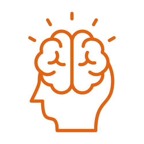 Orange outline of a human head with a brain and radiating lines, symbolizing thinking or intelligence