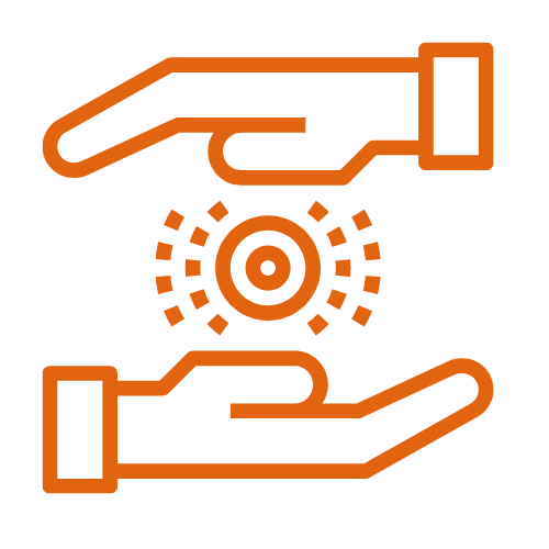 Orange line icon of two hands around a glowing target, symbolizing support or focus