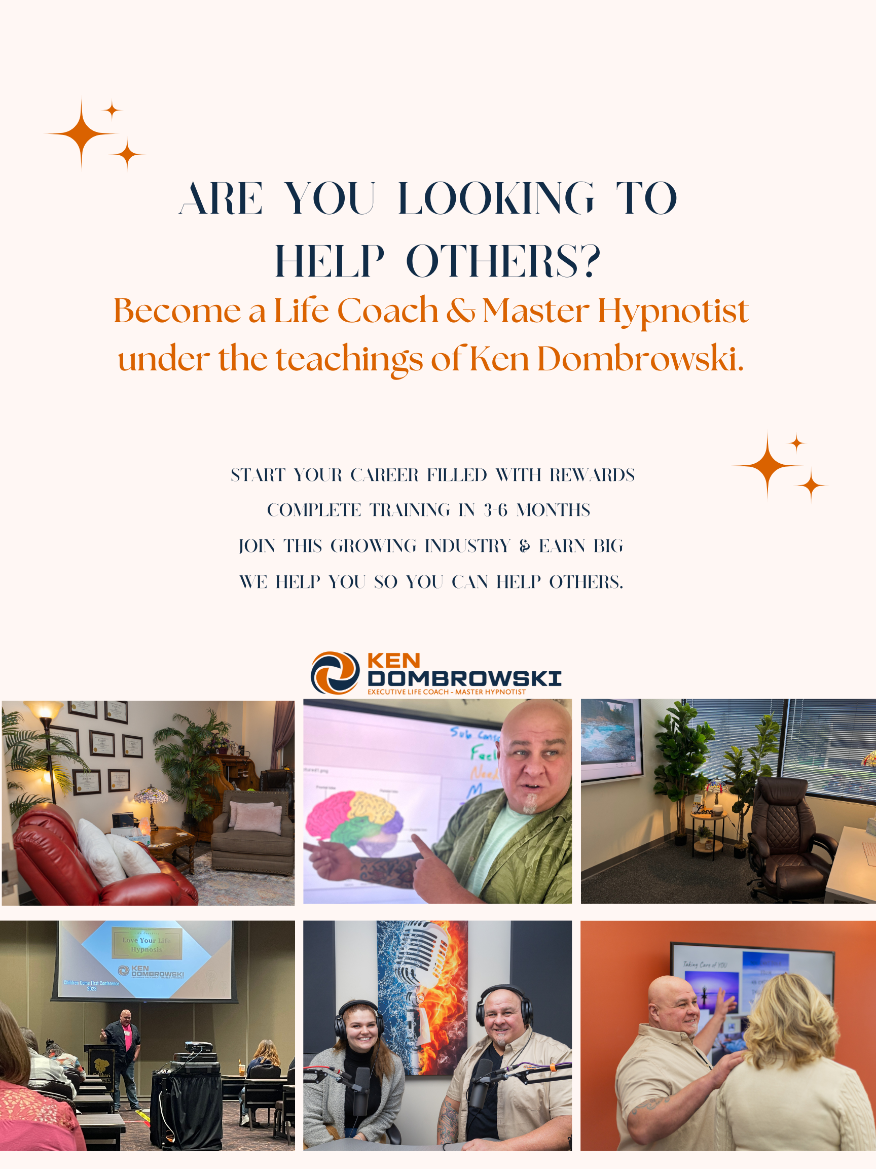 Poster for hypnosis services with a collage of client sessions and a man speaking in a home setting