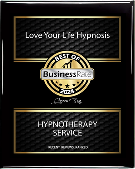 Black and gold award plaque for Love Your Life Hypnosis, featuring Best of Business 2024 and hypnotherapy service