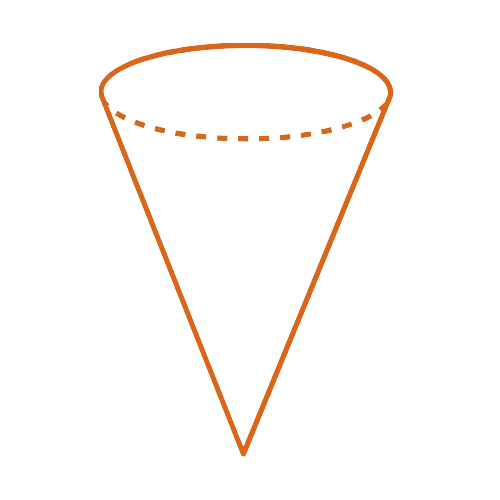 Orange outline of an upside-down cone with a dashed oval rim at the top