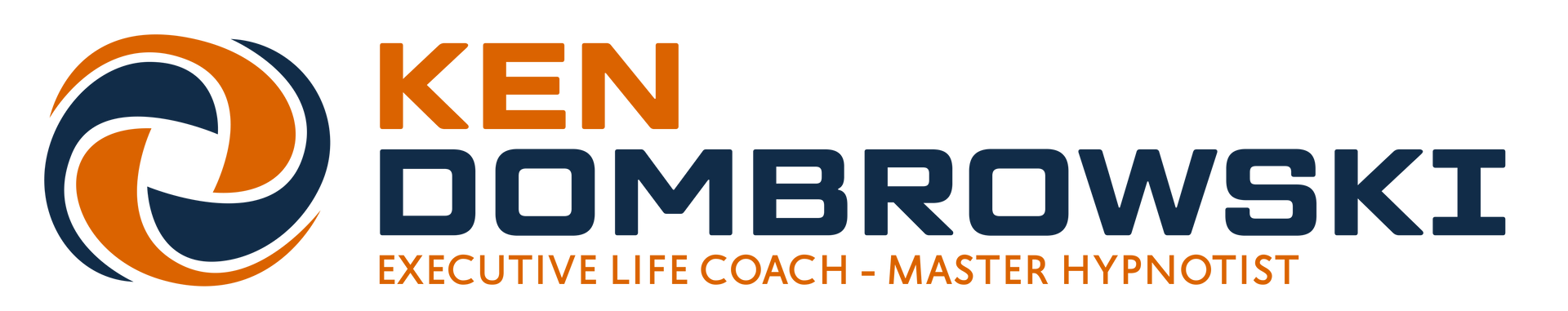 Ken Dombrowski logo with orange and navy blue circular emblem and text on white background