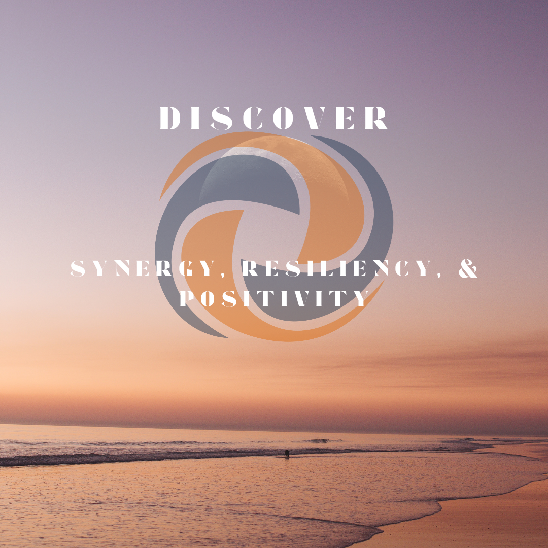 Sunset beach scene with “DISCOVER” and “ENERGY, RESILIENCE, & POSITIVITY” over a circular logo.