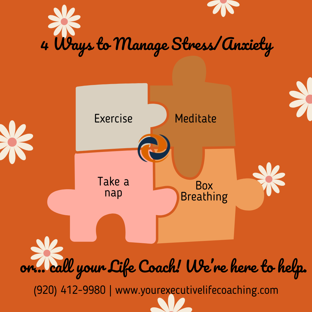 Orange flyer with puzzle pieces listing 4 ways to manage stress/anxiety: exercise, meditate, take a nap, box breathing.