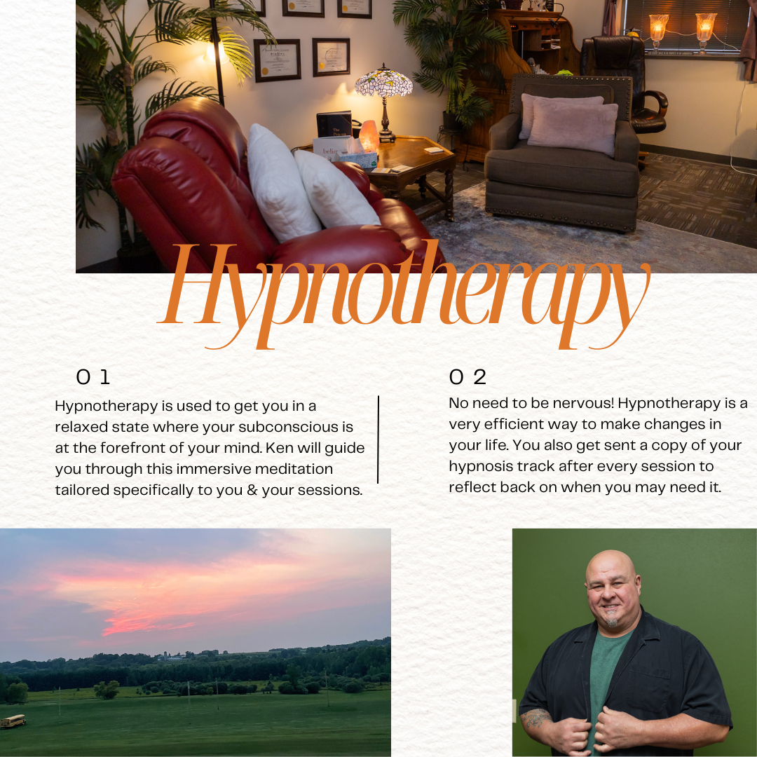 Hypnotherapy brochure with cozy office, sunset landscape, and portrait of a smiling man