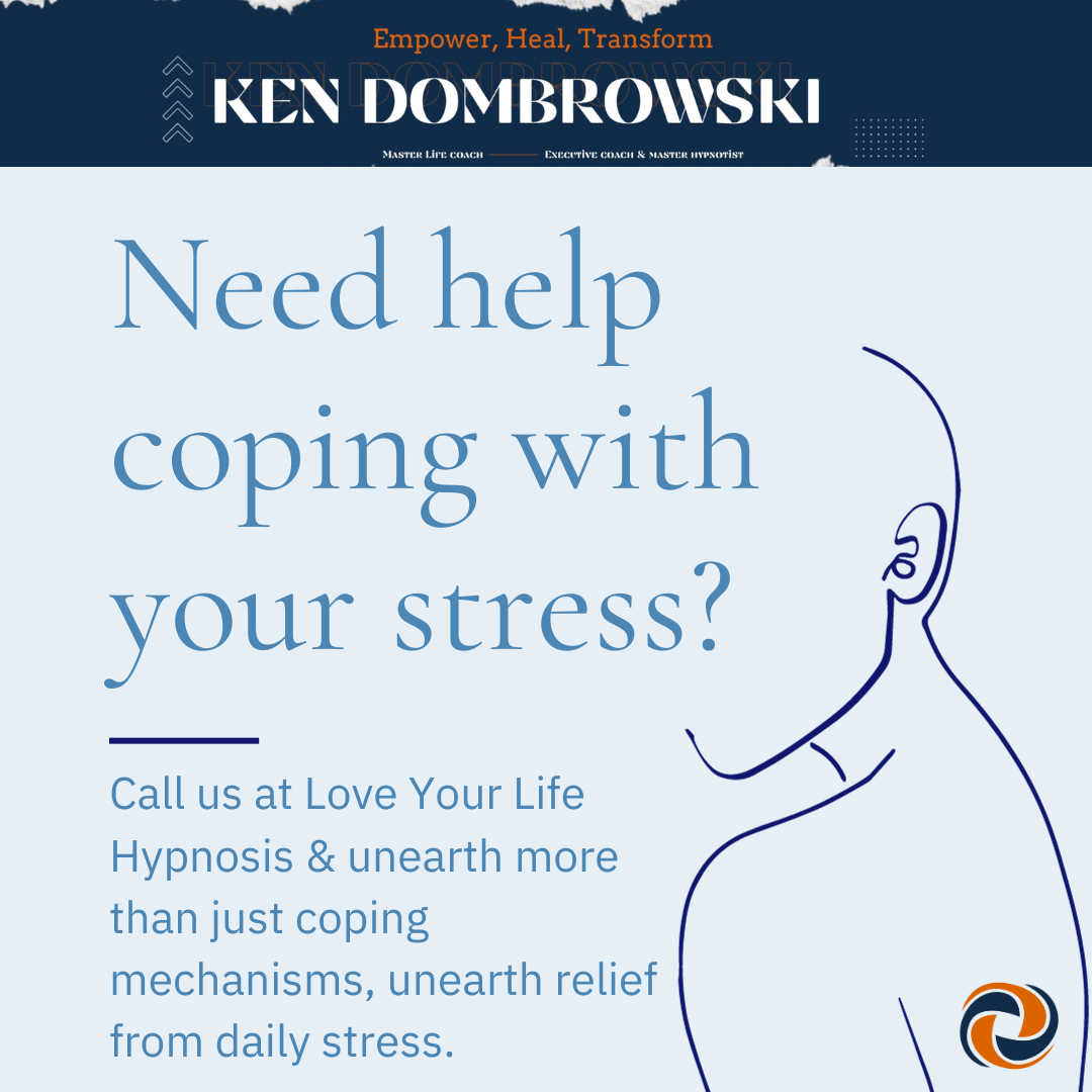 Promotional flyer reading “Need help coping with your stress?” with a blue line drawing of a person’s face and shoulder.