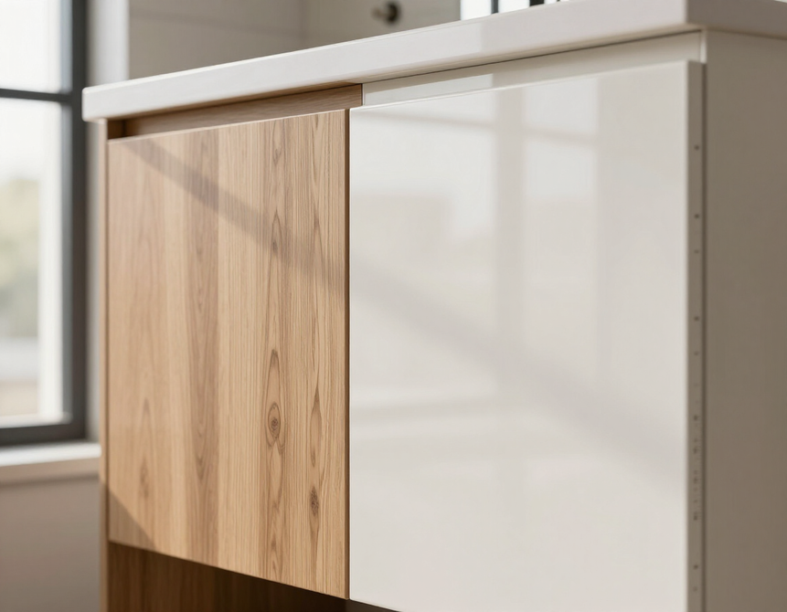 Dettaglio finiture mobile bagno legno e laccato
